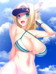  1girl :d ace_virgin ahoge arm_behind_back bare_arms bare_shoulders bikini bikini_top blonde_hair blue_sky blush breasts cleavage clouds cloudy_sky collarbone commentary_request criss-cross_halter day green_eyes groin hair_tousle halter_top halterneck hand_to_head hand_up highres large_breasts looking_at_viewer midriff navel open_mouth outdoors short_hair sky skylader smile solo stomach striped_bikini_top swimsuit tongue upper_body upper_teeth visor_cap wristband 