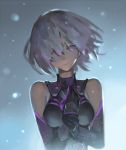  1girl armor armored_dress black_gloves closed_mouth elbow_gloves fate/grand_order fate_(series) gloves hair_over_one_eye hand_on_own_chest hei_tong_shi lavender_hair light_smile looking_at_viewer shielder_(fate/grand_order) short_hair solo upper_body violet_eyes 