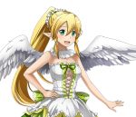  1girl :d angel_wings blonde_hair braid breasts choker cleavage dress feathered_wings hair_between_eyes hair_ornament hand_on_hip high_ponytail large_breasts leafa looking_at_viewer open_mouth pointy_ears sleeveless sleeveless_dress smile solo standing strapless strapless_dress sword_art_online transparent_background twin_braids upper_body white_wings wings 