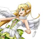  1girl :d blonde_hair braid breasts choker cleavage dress feathered_wings floating_hair green_eyes green_legwear high_ponytail leafa leaning_back medium_breasts open_mouth pointy_ears short_dress sleeveless sleeveless_dress smile solo strapless strapless_dress sword_art_online thigh-highs transparent_background twin_braids white_wings wings 