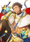  1boy abs bracer brown_hair dark_skin earrings egyptian egyptian_clothes fate/grand_order fate/prototype fate/prototype:_fragments_of_blue_and_silver fate_(series) grin hand_on_own_cheek highres jewelry looking_at_viewer male_focus navel nitaka_(fujikichi) parted_lips rider_(fate/prototype_fragments) smile solo yellow_eyes 