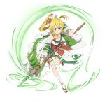  1girl blonde_hair bow breasts cleavage detached_sleeves floating_hair green_eyes hair_bow hair_ornament high_ponytail holding holding_staff large_breasts leafa leaning_forward one_leg_raised pointy_ears red_ribbon ribbon ribbon-trimmed_sleeves ribbon_trim smile solo staff sword_art_online thigh_strap transparent_background white_legwear wrist_ribbon 