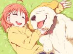  1girl ^_^ ahoge animal bangs bow closed_eyes collar dog food_themed_hair_ornament gamjolno hair_bow hair_ornament hairpin highres long_sleeves love_live! love_live!_sunshine!! mushroom_hair_ornament on_grass open_mouth orange_hair scratching shiitake_(love_live!_sunshine!!) smile sweater takami_chika tongue tongue_out yellow_bow yellow_sweater 