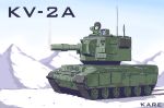  1girl blonde_hair caterpillar_tracks ground_vehicle helmet highres kare kv-2 military military_vehicle motor_vehicle mountain original snow tank 