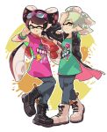  +_+ 2girls :p ankle_boots aori_(splatoon) arm_grab black_boots black_coat black_hair black_pants boots bracelet closed_mouth coat commentary cousins cross-laced_footwear domino_mask earrings english full_body green_shirt grey_hair hotaru_(splatoon) jewelry long_hair long_sleeves looking_at_viewer mask mole mole_under_eye multiple_girls one_eye_closed open_clothes open_coat paint_splatter pants print_shirt purple_shirt shirt short_hair simple_background smile splatoon splatoon_2 standing standing_on_one_leg sunglasses sunglasses_on_head t-shirt tentacle_hair tied_jacket tongue tongue_out trench_coat white_background white_boots wong_ying_chee 