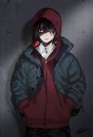  1boy boku_no_hero_academia casual collared_shirt expressionless glowing glowing_eyes hair_over_one_eye hands_in_pockets hood hoodie jacket kirishima_eijirou looking_at_viewer open_clothes open_jacket pants red_eyes red_hoodie shirt shoco_(sco_labo) solo spiky_hair 