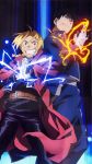  2boys absurdres alchemy black_background black_eyes black_hair black_pants blonde_hair blue_background braid coat edward_elric energy fire fullmetal_alchemist gloves grin highres looking_at_viewer multiple_boys official_art pants red_coat roy_mustang short_hair smile uniform yellow_eyes 