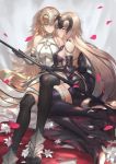  absurdres arm_support bare_shoulders blonde_hair blue_eyes chains collar cowter duan_henglong elbow_gloves erect_nipples fate/grand_order fate_(series) fur_trim gloves headpiece high_heels highres jeanne_alter long_hair lying on_side petals plackart ruler_(fate/apocrypha) sitting smile standard_bearer thigh-highs vambraces yellow_eyes 