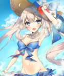  1girl :d absurdres arm_up armpits bangs bikini bikini_skirt blue_bikini blue_eyes blue_sky breasts cleavage clouds day fate/grand_order fate_(series) fingerless_gloves flower front-tie_bikini front-tie_top gloves grey_hair groin hand_on_headwear hat hat_flower hat_ribbon highres jewelry long_hair looking_at_viewer marie_antoinette_(fate/grand_order) marie_antoinette_(swimsuit_caster)_(fate) medium_breasts navel necklace open_mouth outdoors ribbon round_teeth sky smile solo sun_hat swimsuit teeth twintails upper_body very_long_hair water yuuko_(030_yuko) 