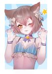  1boy ;3 animal_ears arm_ribbon bangs bare_arms bare_shoulders black_bow blue_background blue_bra blue_choker blue_nails blush bob_cut bolo_tie bow bow_bra bra breasts cat_ears choker claw_pose cleavage collarbone commentary eyebrows_visible_through_hair eyelashes felix_argyle frilled_bra frills hair_between_eyes hair_bow half-closed_eye hands_up head_tilt highres jewelry looking_at_viewer male_focus midriff nail_polish outside_border parted_bangs parted_lips pendant petite re:zero_kara_hajimeru_isekai_seikatsu ribbon short_eyebrows short_hair simple_background slit_pupils solo spaghetti_strap star striped thick_eyebrows trap underwear upper_body vertical-striped_bra vertical_stripes white_border white_bow wtcolor yellow_eyes 