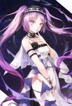 1girl arm_garter artist_name bare_arms bare_shoulders bracelet breasts choker cowboy_shot dress euryale fate/hollow_ataraxia fate_(series) finger_to_mouth frilled_choker frilled_dress frilled_hairband frills hairband hand_on_own_chest jewelry lolita_hairband long_hair looking_at_viewer purple_hair sleeveless sleeveless_dress small_breasts solo twintails very_long_hair violet_eyes white_dress yumaomi 