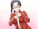  1girl black_hair breasts closed_eyes demi-chan_wa_kataritai glasses jacket large_breasts long_hair poncho_s red-framed_eyewear satou_sakie semi-rimless_glasses smile solo track_jacket under-rim_glasses upper_body 