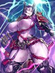  1girl bodysuit breasts fate/grand_order fate_(series) fingerless_gloves gloves highres huge_breasts katana lightning long_hair melon22 minamoto_no_raikou_(fate/grand_order) purple_hair skeeter_valentine solo sword thick_thighs thighs very_long_hair violet_eyes weapon 