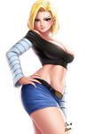  1girl android_18 belt blonde_hair blue_eyes breasts cleavage crop_top dragon_ball dragonball_z earrings hand_on_hip highres jewelry large_breasts looking_at_viewer midriff navel newash parted_lips short_hair skirt smile solo standing 