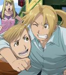  1girl 2boys alphonse_elric blonde_hair blue_eyes blue_shirt brothers clouds edward_elric fullmetal_alchemist grin hands_on_another&#039;s_shoulders hands_on_hips highres house long_hair multiple_boys official_art one_eye_closed open_mouth pink_shirt ponytail purple_shirt red_shirt shirt short_hair siblings sky smile winry_rockbell yellow_eyes 