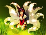  1girl ahri animal_ears bare_shoulders black_hair breasts cleavage detached_sleeves facial_mark fox_ears fox_tail highres korean_clothes large_breasts league_of_legends long_hair looking_at_viewer looking_up multiple_tails nail_polish savi_(byakushimc) sitting slit_pupils solo tail whisker_markings yellow_eyes 