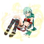  1girl aqua_eyes aqua_hair blush boots breasts detached_sleeves full_body gloves green_scarf hair_between_eyes hair_ornament knee_boots looking_at_viewer midriff miniskirt navel red_skirt scarf shinon_(sao) short_hair sidelocks sitting skirt small_breasts solo stomach sword_art_online thigh_strap transparent_background white_gloves 