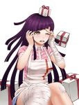  1girl apron bandage bandaged_arm bandaged_leg bandaid bandaid_on_knee bangs blunt_bangs blush box breasts brown_eyes dangan_ronpa frown gift gift_box gonoike_biwa long_hair medium_breasts mole mole_under_eye official_style open_mouth pink_shirt puffy_short_sleeves puffy_sleeves purple_hair shirt short_sleeves sitting solo super_dangan_ronpa_2 tearing_up tsumiki_mikan white_apron 