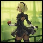  1girl anbe_yoshirou apple ass back blonde_hair breasts cosplay dark_skin dated dress feather-trimmed_sleeves food frilled_dress frills fruit gloves gravity_daze gravity_daze_2 hair_over_shoulder hairband highres kitten_(gravity_daze) looking_at_viewer looking_back mole mole_under_mouth nier_(series) nier_automata puffy_sleeves red_eyes short_dress short_hair signature solo thigh-highs yorha_no._2_type_b yorha_no._2_type_b_(cosplay) 