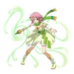  1girl :d detached_sleeves dress full_body green_dress green_scarf hairlclip holding holding_weapon lisbeth_(sao-alo) looking_at_viewer open_mouth pink_hair pointy_ears red_eyes scarf short_hair sleeveless sleeveless_dress smile solo standing sword_art_online transparent_background weapon white_le 