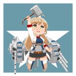  1girl ahoge black_skirt blonde_hair breasts capriccyo chibi clenched_hand green_eyes holding long_hair looking_up missouri_(zhan_jian_shao_nyu) mjolnir open_mouth rigging simple_background skirt smile solo star thigh-highs thor_(marvel) turret zhan_jian_shao_nyu 