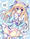  1girl animal_ears bags_under_eyes bangs blonde_hair blue_bow blue_dress blue_eyes blue_ribbon bow breasts cat_ears cat_girl cat_tail closed_mouth commentary_request cowboy_shot dress finger_to_mouth frilled_skirt frills gluteal_fold groin hair_between_eyes hair_ribbon hand_up juliet_sleeves kirishima_riona legs_together lifted_by_self long_hair long_sleeves looking_at_viewer lowleg lowleg_panties medium_breasts original panties petals puffy_sleeves ribbon skirt skirt_lift sleeves_past_wrists smile solo standing tail thigh-highs thigh_gap underwear white_legwear white_panties 