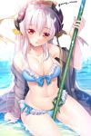  1girl arm_support bangs bikini blue_bikini bow bow_bikini breasts cleavage collarbone day dragon_horns eyebrows_visible_through_hair fate/grand_order fate_(series) frilled_bikini frills groin hair_bow hair_ornament holding holding_weapon horns kiyohime_(fate/grand_order) kiyohime_(swimsuit_lancer)_(fate) lance long_hair looking_at_viewer medium_breasts navel outdoors parted_lips polearm ponytail red_eyes see-through shawl sitting solo swimsuit twitter_username water weapon wet white_hair yanagi_akane_(yousei_kinoko) yellow_bow 