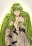  3girls absurdres c.c. closed_mouth code_geass eyebrows_visible_through_hair green_hair highres issel long_hair looking_at_viewer multiple_girls open_mouth sketch smile tagme yellow_eyes 