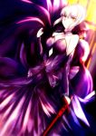  1girl :| bare_shoulders blonde_hair breasts cape cleavage closed_mouth dark_excalibur detached_sleeves dress fate/stay_night fate_(series) fur-trimmed_cape fur_trim highres medium_breasts navel_cutout otsunabe_(naabe_delta) saber saber_alter short_hair solo yellow_eyes 