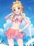  1girl bare_shoulders blonde_hair blush breasts condensation_trail drill_hair eromanga_sensei fang gluteal_fold groin hand_on_hip long_hair midriff navel orange_eyes panties raised_eyebrows saitou_naoki small_breasts smile solo striped striped_panties telephone_pole thighs underwear v wind wind_lift yamada_elf 