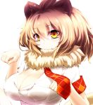  1girl animal_ears blonde_hair breasts cleavage commentary_request fur_collar hair_between_eyes highres kemono_friends large_breasts lion_(kemono_friends) lion_ears looking_at_viewer multicolored_hair necktie paw_pose shirt short_hair short_sleeves solo upper_body watarui white_shirt 