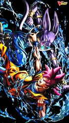  2boys beerus black_background dougi dragon_ball dragonball_z egyptian_clothes fighting highres multiple_boys official_art open_mouth purple_skin red_eyes redhead son_gokuu sparkle super_saiyan_god upside-down water wristband 