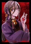  1boy androgynous bottle brooch butterfly_brooch closed_mouth dated hair_between_eyes hair_ribbon highres holding holding_bottle japanese_clothes jewelry kimono letterboxed long_hair looking_at_viewer makoto1009 male_focus mars_red monocle paint_splatter purple_kimono red_background ribbon signature tenmaya_shinosuke violet_eyes 