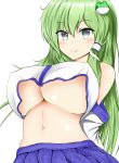  1girl adapted_costume breasts green_eyes green_hair highres isshin_(sasayamakids) kochiya_sanae large_breasts midriff smile touhou under_boob 