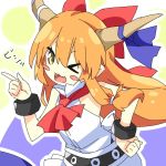  &gt;_o 1girl :3 ascot bangs blush_stickers bow commentary_request cowboy_shot cuffs eyebrows_visible_through_hair fang hair_between_eyes hair_bow hand_on_hip horn_bow horns ibuki_suika index_finger_raised long_hair looking_at_viewer one_eye_closed open_mouth orange_hair purple_bow red_bow shackles shirt sidelocks sleeveless solo tirotata touhou white_shirt yellow_eyes 