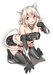  1girl absurdres adapted_costume aiguillette animal_ears arm_support armpits bare_shoulders bent_over bismarck_(zhan_jian_shao_nyu) black_gloves black_legwear black_panties blush bow bow_panties breasts buttons cat_ears cat_lingerie choker cleavage cleavage_cutout collarbone cyta_celest elbow_gloves fake_animal_ears fake_tail frilled_panties frills garter_belt garter_straps gloves highres iron_cross kneeling legs_apart light_brown_hair looking_away meme_attire no_shoes open_mouth panties paw_pose red_eyes short_hair sign solo striped striped_legwear thigh-highs underwear vertical-striped_legwear vertical_stripes white_background zhan_jian_shao_nyu 