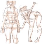  1girl 7010 ass back bent_over beret boots bow gloves hair_bow hand_on_own_knee hat holster idolmaster idolmaster_cinderella_girls jacket long_hair monochrome ponytail ribbon rocket_launcher rpg rpg-7 short_shorts short_sleeves shorts thigh_holster thighs weapon white_background yamato_aki 