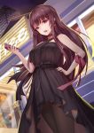 1girl bangs bell bell_choker black_dress black_legwear building cellphone character_request choker dress dutch_angle earrings eyelashes from_below girls_frontline hand_on_hip highres holding holding_phone jewelry jingle_bell liu_lan long_hair looking_at_viewer looking_down night open_mouth outdoors pantyhose phone purple_hair ribbon sleeveless sleeveless_dress smartphone smug solo standing storefront violet_eyes window wrist_ribbon 