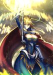  1girl ahoge arm_up armor armpits artoria_pendragon_lancer_(fate/grand_order) bangs blonde_hair blue_legwear blue_leotard blue_skirt breasts cape cleavage cleavage_cutout closed_mouth commentary_request covered_navel cross crown detached_sleeves expressionless eyebrows_visible_through_hair fate/grand_order fate_(series) fur-trimmed_cape fur_trim gauntlets glowing glowing_weapon green_eyes hair_between_eyes holding holding_weapon kotera_ryou lance large_breasts legs_together leotard light_particles looking_at_viewer polearm red_cape rhongomyniad saber short_hair_with_long_locks skirt solo standing thigh-highs tsurime waist_cape weapon wind 