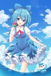  1girl :d blue_dress blue_eyes blue_hair blue_sky bow bowtie cirno clouds commentary_request cowboy_shot dress food frilled_dress frills hair_bow ice ice_wings looking_at_viewer mayo_(miyusa) open_mouth piplup pokemon pokemon_(creature) popsicle puffy_short_sleeves puffy_sleeves red_bow red_bowtie short_hair short_sleeves skirt_hold sky smile touhou wading water water_drop watermelon_bar wings wooper 