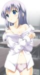  1girl bangs bare_shoulders blue_eyes blurry blush bow bow_panties breasts chair classroom cleavage collarbone commentary_request cowboy_shot crossed_arms day depth_of_field desk eyebrows_visible_through_hair gochuumon_wa_usagi_desu_ka? hair_ornament hairclip highres indoors kafuu_chino kohakugin light_blue_hair long_hair long_sleeves looking_away navel off_shoulder outline panties parted_lips pink_panties shirt sidelocks small_breasts solo standing teeth tile_floor tiles underwear undressing wall white_outline white_shirt window x_hair_ornament 