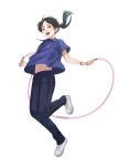  1girl black_hair flat_chest full_body grey_eyes highres jump_rope jumping long_hair navel open_mouth original pants polo_shirt ponytail rungsak_sontayanont shoes sneakers solo sweatpants white_background 