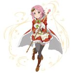  1girl boots breasts brown_boots cape cleavage dress full_body grey_legwear hair_ornament highres holding holding_staff lisbeth looking_at_viewer medium_breasts midriff navel one_leg_raised open_mouth pink_hair red_dress red_eyes short_dress short_hair solo staff standing stomach sword_art_online thigh-highs transparent_background zettai_ryouiki 