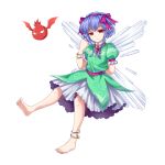  1girl anklet barefoot blue_hair bow bracelet closed_mouth derivative_work dress elfin_mint expressionless frills full_body green_dress hair_bow hairband hichou highres jewelry looking_at_viewer original pink_bow pink_hairband pointy_ears red_eyes short_hair solo the_last_comer touhou white_background wings 