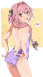  1boy adjusting_clothes adjusting_swimsuit ass back bare_back bow braid cowboy_shot eyebrows_visible_through_hair fate/apocrypha fate/grand_order fate_(series) hair_bow heart long_hair male_focus open_mouth pink_hair rider_of_black rkrk single_braid smile swimsuit trap twitter_username 