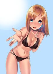  1girl aqua_eyes bikini black_bikini blue_background breasts brown_hair cleavage collarbone cowboy_shot gluteal_fold highres kagematsuri leaning_forward long_hair looking_at_viewer medium_breasts navel open_mouth original outstretched_arm shiny shiny_skin sideboob solo standing swimsuit 