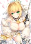  1girl ahoge belt blonde_hair blush boots breasts chains cleavage detached_collar detached_sleeves fate/extra fate/extra_ccc fate_(series) flower garter_straps gloves green_eyes hair_flower hair_ornament head_wreath highres large_breasts leaning_forward lock looking_at_viewer padlock petals saber_bride saber_extra smile solo sword taiki_ken thigh-highs thigh_boots veil weapon white_gloves zipper 
