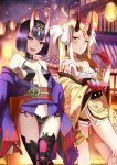  2girls absurdres bangs blonde_hair blunt_bangs bob_cut breasts cleavage dango eating facial_mark fate/grand_order fate_(series) food highres horns ibaraki_douji_(fate/grand_order) japanese_clothes kimono long_hair looking_at_viewer multiple_girls oni oni_horns open_mouth purple_hair shiguru short_hair shuten_douji_(fate/grand_order) small_breasts smile standing tattoo wagashi yellow_eyes 