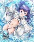  1girl armor armored_boots bangs blue_eyes boots bubble crotch_plate fate/extra fate/extra_ccc fate/grand_order fate_(series) hands_in_sleeves highleg kei_kei long_hair looking_at_viewer lying meltlilith navel on_back open_mouth over-kneehighs purple_hair revealing_clothes smile solo thigh-highs thighs white_coat 
