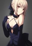 bare_shoulders blonde_hair braid breasts choker cleavage dress elbow_gloves fate_(series) french_braid gloves grey_background looking_at_viewer orange_eyes ribbon_choker saber saber_alter small_breasts tsumiki_mokuba 